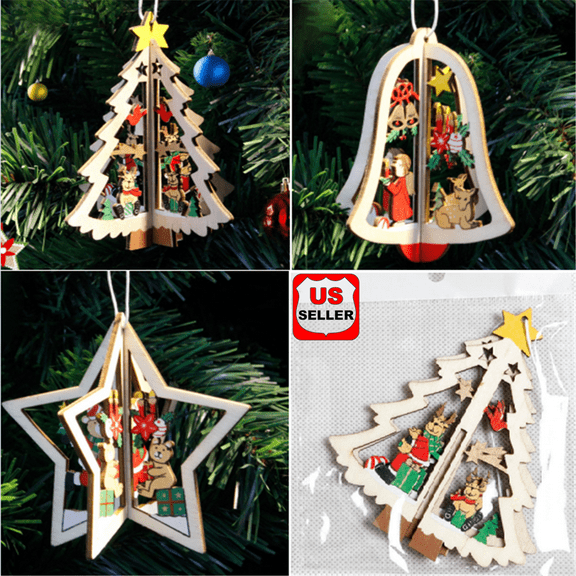 3D Xmas Tree Pendants Hanging Wooden Christmas Decoration Home Party Decor Gift-tree bell star 3pcs