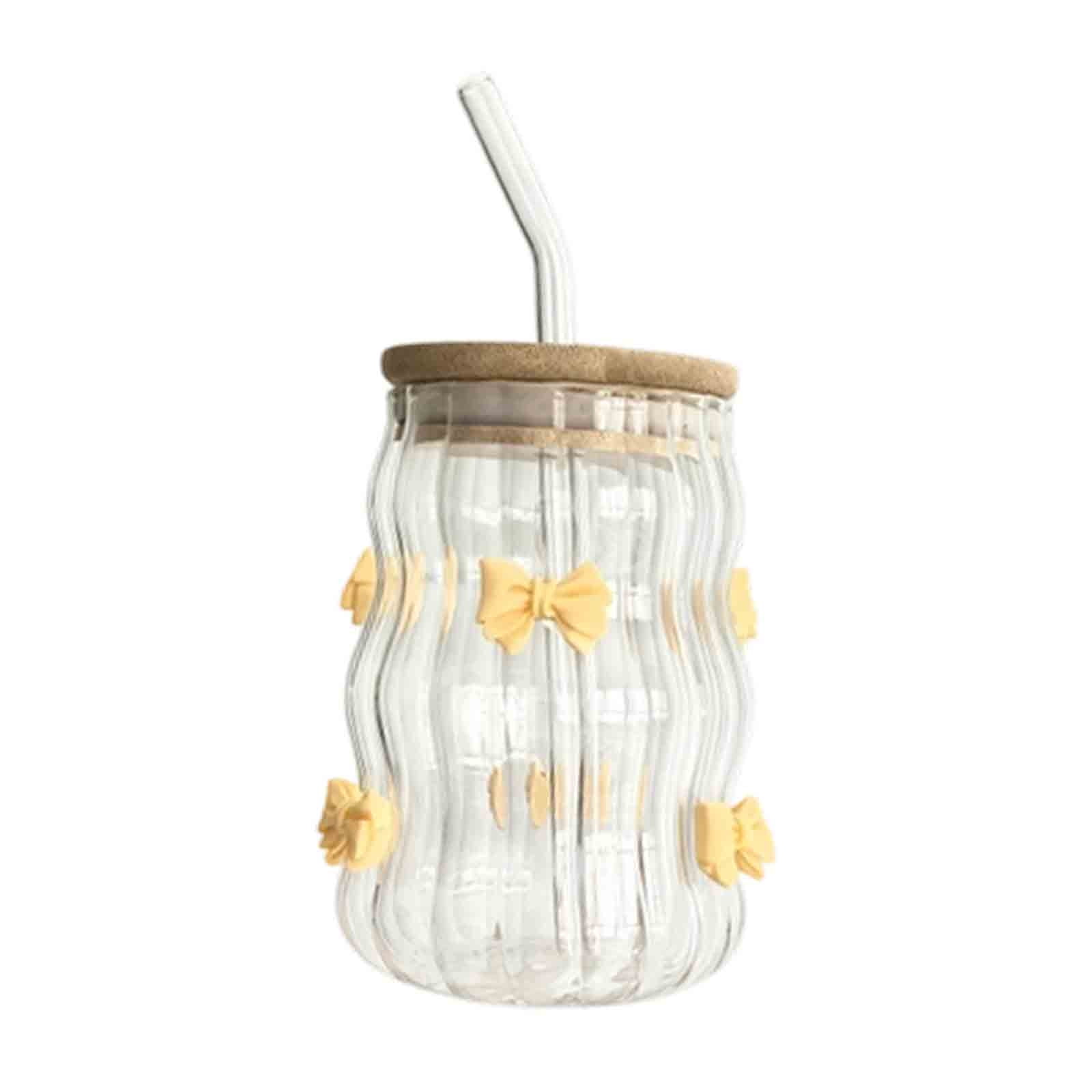 3D Yellow Bow Glass Cup with Bamboo Lid & Straw,15OZ Bows Glass Coffee ...