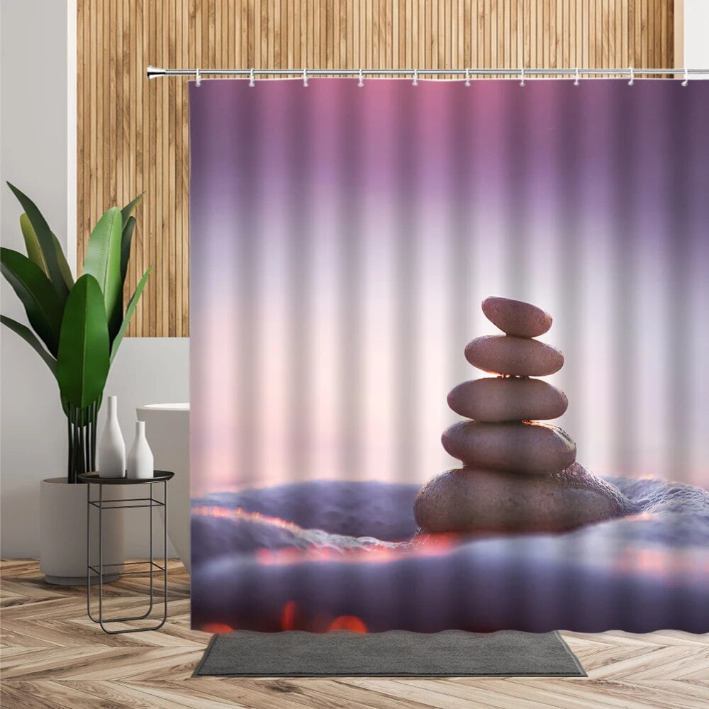3D Zen Garden Shower Curtain Set Bathroom Decoration Purple Floral Black Stone Bath Curtains