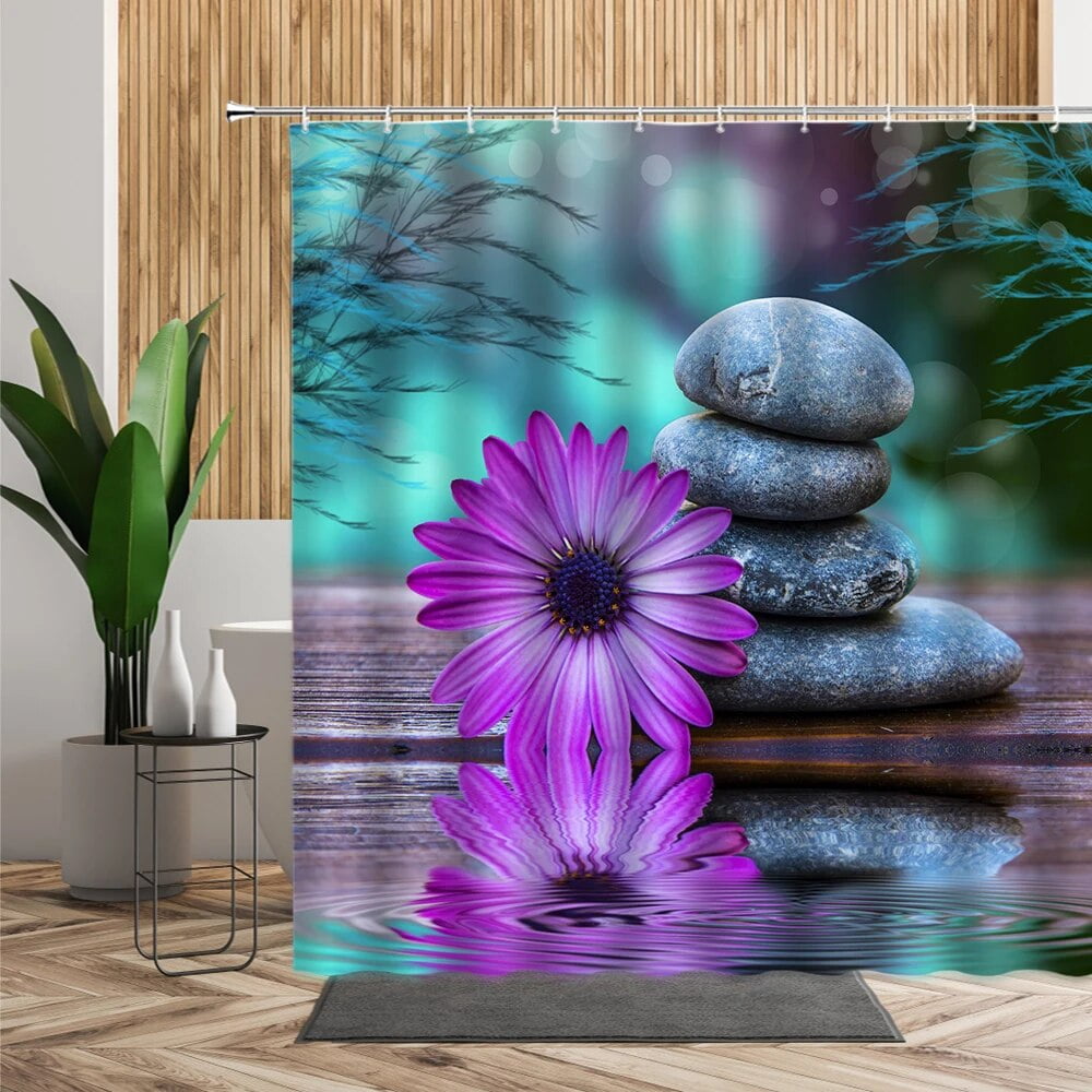 3D Zen Garden Shower Curtain Set Bathroom Decoration Purple Floral Black Stone Bath Curtains
