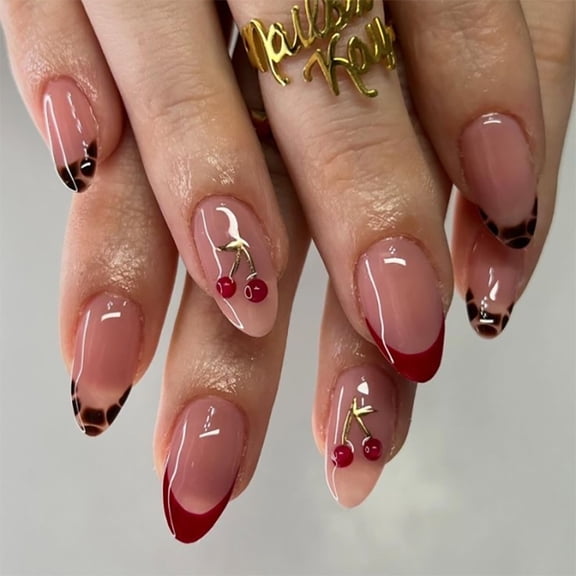 3D cherry cross-border hot-selling wearing nail piece French red short almond nail piece finished product wholesale