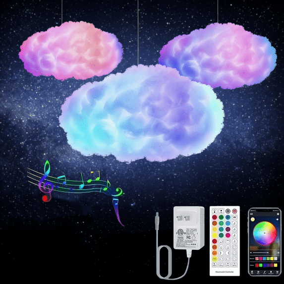 3D cloud light with APP controlled music synchronization function, cotton LED ambient light, multiple color changes, wireless remote control, USB power supply, suitable for bedroom and living (1pc)