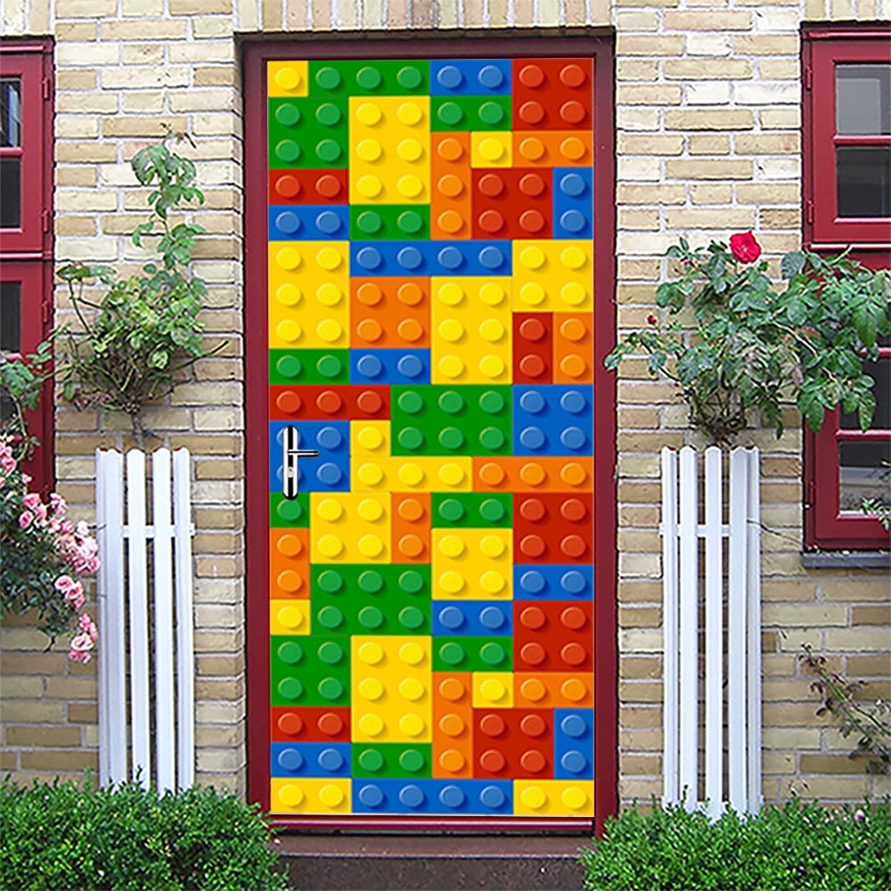 3D colorful building blocks entrance door stickers wardrobe decoration ...