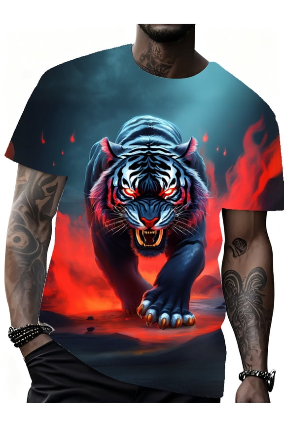 3D digital printing fashion trend casual men's short sleeves, blue tiger, red eyes, flame background, dark blue T-shirt, four seasons comfortable round neck, fashion pattern T-shirt
