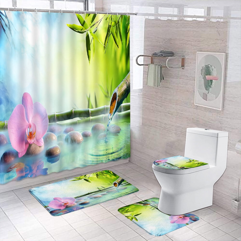 3D green Bamboo Flower Pebble Printed Bathroom Shower Curtain Hook ...