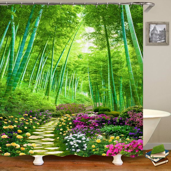 3D green bamboo forest bamboo printing bathroom shower curtain polyester waterproof and mildew proof home decoration curtain