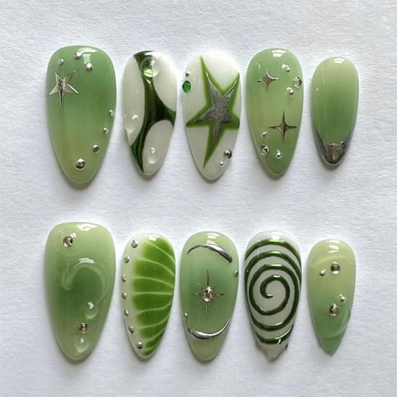 3D green smudge wearing nail y2k short almond nail nail nail piece fake nails hot-selling nail piece in Europe and America