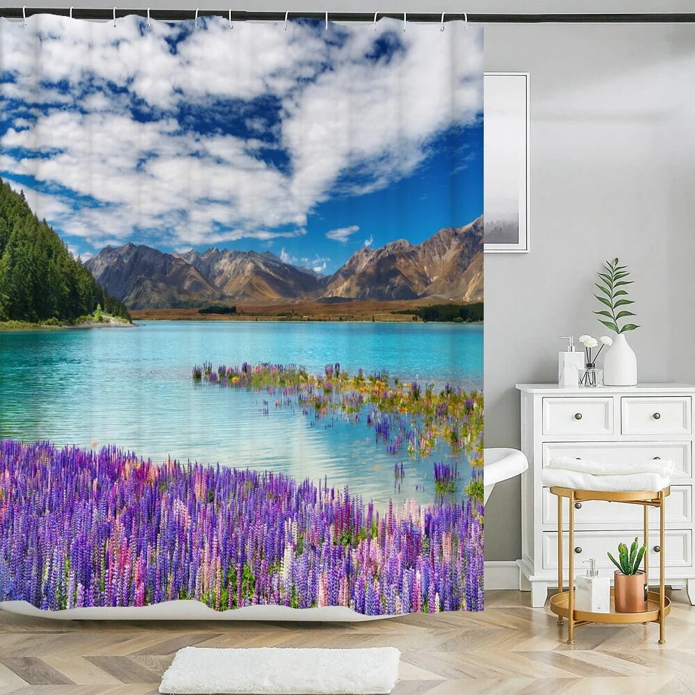 3D lavender Scenery Shower Curtain Set with Non Slip Rug Bath Mat