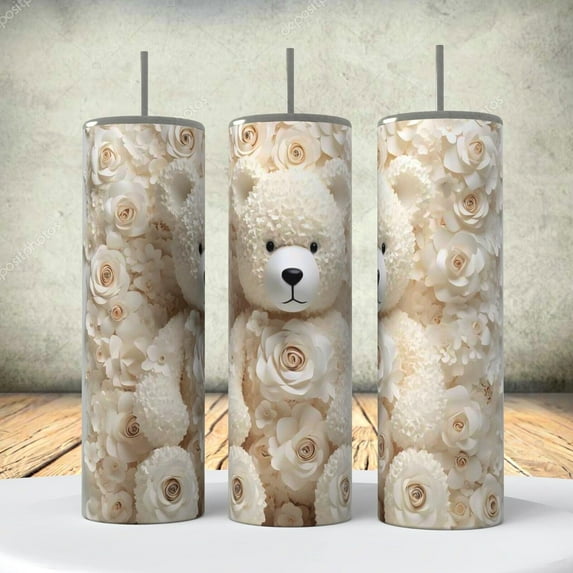 3D look White Teddy Bear Flowers Tumbler 20 ounce insulated coffee Cup