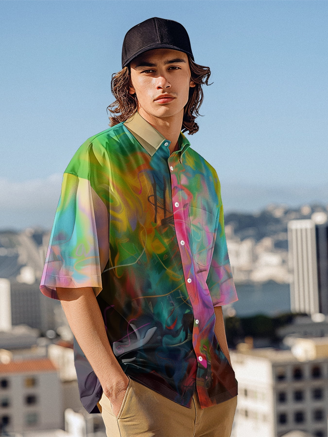 3D printed short sleeved lapel with Hawaiian style, trendy and