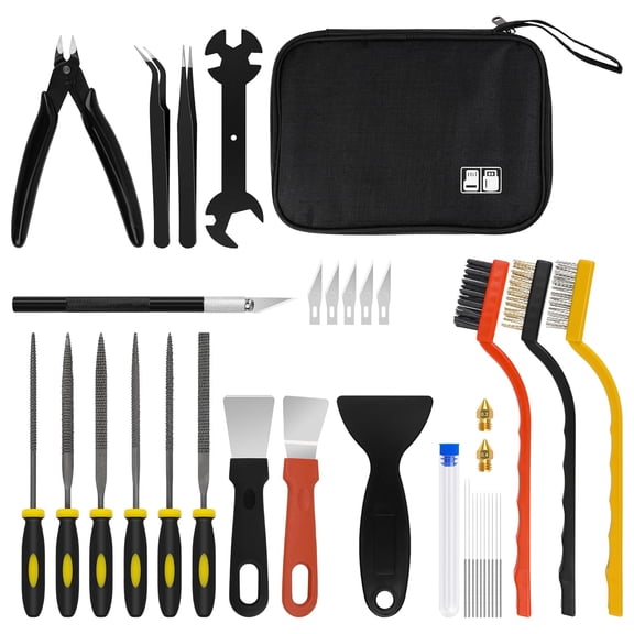 3D printer tool kit, 35-piece set, including cleaning tools, scrapers, finishing tools, files, shovels, tweezers, wrenches, brushes, wire cutters, engraving knives