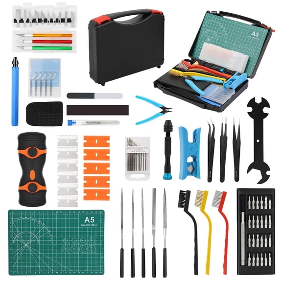 3D printing tool kit, including tools for cleaning, deburring, trimming, and post-processing for 3D printers, including deburring tools, hand drills, nozzle cleaning needles, metal files, cutting mat