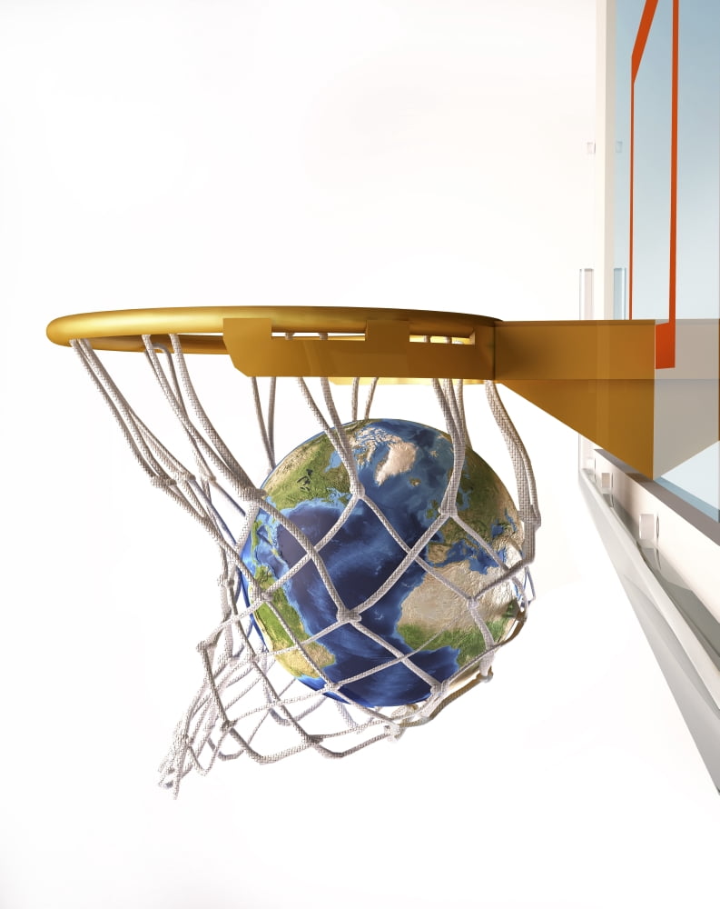 3D rendering of planet Earth falling into a basketball hoop Canvas Art - Leonello CalvettiStocktrek Images (13 x 16)