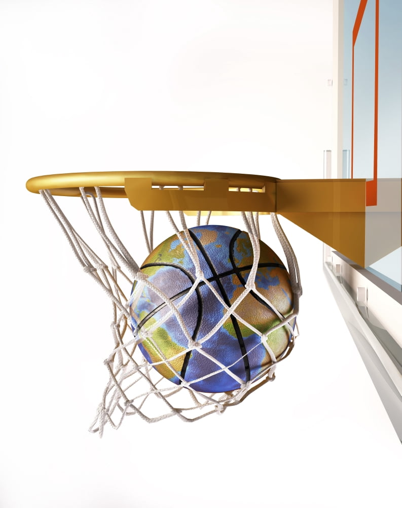 3D rendering of planet Earth falling into a basketball hoop Canvas Art - Leonello CalvettiStocktrek Images (13 x 16)
