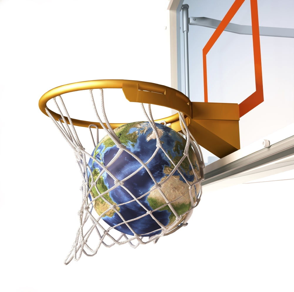 3D rendering of planet Earth falling into a basketball hoop Canvas Art - Leonello CalvettiStocktrek Images (29 x 29)