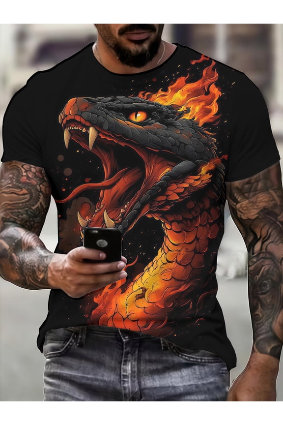 3D summer new flame red python abstract pattern short sleeve digital printing design T-shirt elements trend men's casual fashion top