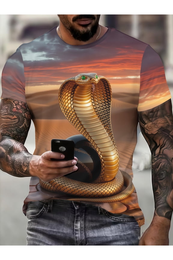 3D summer new gilt snake god pattern short-sleeved digital printing design T-shirt elements trend men's casual fashion top