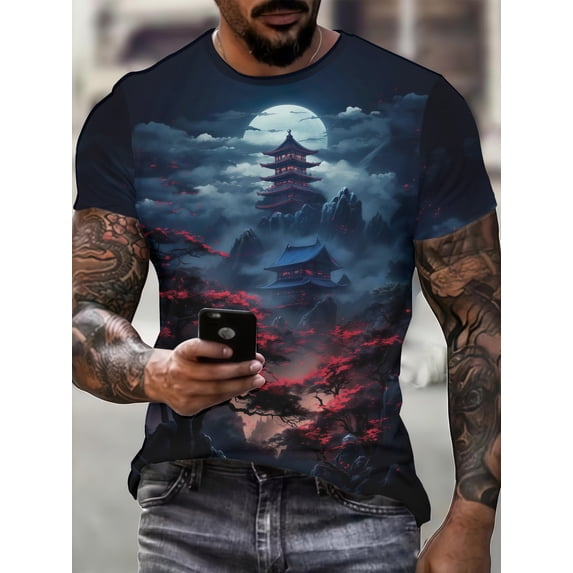 3D summer new moon night fairy mountain pavilion abstract pattern short ...