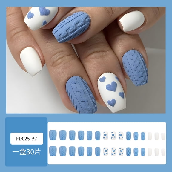 3D three-dimensional Valentine's Day blue love manicure, matte nail patch, 30 pieces of European and American hot-selling relief wearing armor