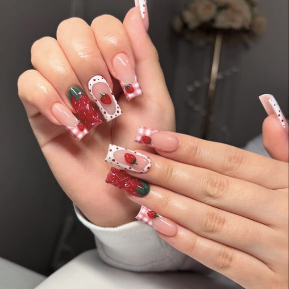 3D three-dimensional strawberry wearing nail medium and long square nail art piece wholesale explosion sweet French fake nail nail piece