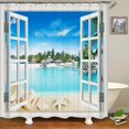 thumbnail image 1 of 3D window opening scenery beach landscape printing shower curtain washable fabric curtain bathroom decoration with hook curtain, 1 of 5