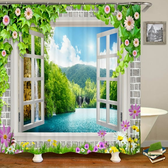 3D window opening scenery natural landscape printed shower curtain washable bath curtain bathroom decoration with hook curtain