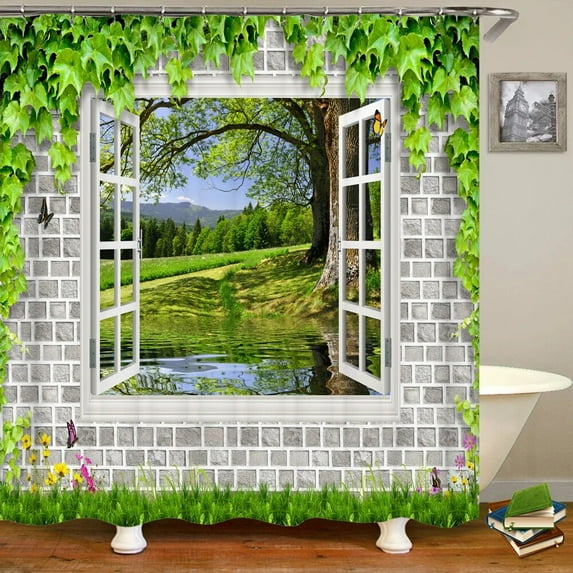 3D window opening scenery natural landscape printed shower curtain washable bath curtain bathroom decoration with hook curtain