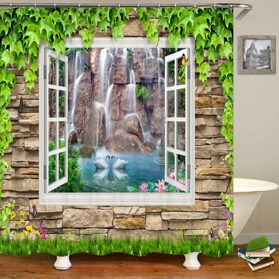 3D window opening scenery natural landscape printed shower curtain washable bath curtain bathroom decoration with hook curtain