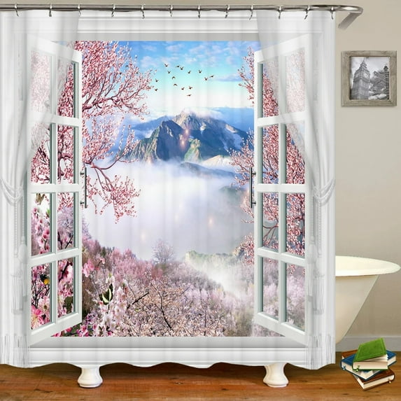3D window opening scenery window landscape printed shower curtain mildew washable curtain bathroom decoration with hooks curtain