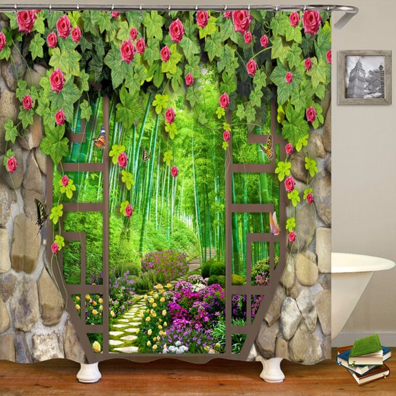 3D window opening scenery window landscape printed shower curtain mildew washable curtain bathroom decoration with hooks curtain