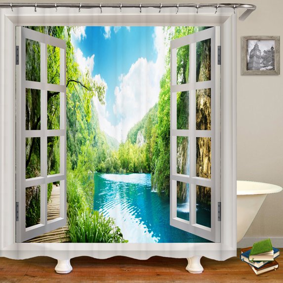 3D window opening scenery window landscape printed shower curtain mildew washable curtain bathroom decoration with hooks curtain