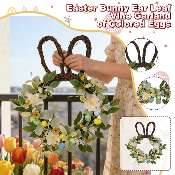 3D50Cm Rabbit Ear Leaf Vine Circle Wreath Easter Party Garland Simulation Flower Greenery Decor Wall Hanging 1 Wreath