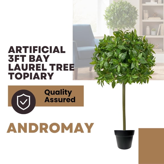 3FT Artificial Bay Laurel Topiary Tree in Pot, Faux Bay Leaf Tree with Realistic Foliage, Decorative Indoor Outdoor Plant for Entryway, Porch, Patio, Home Decor