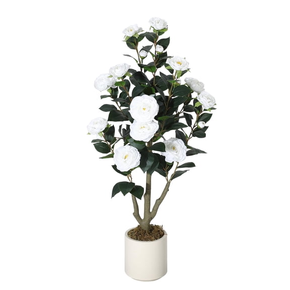 3FT Artificial Camellia Tree, Lifelike Silk Flowers and Foliage Potted Faux Plant, Easy Assembly Low Maintenance Fake Tree for Indoor Outdoor Living Room Office Patio Porch Front Door Home Decor