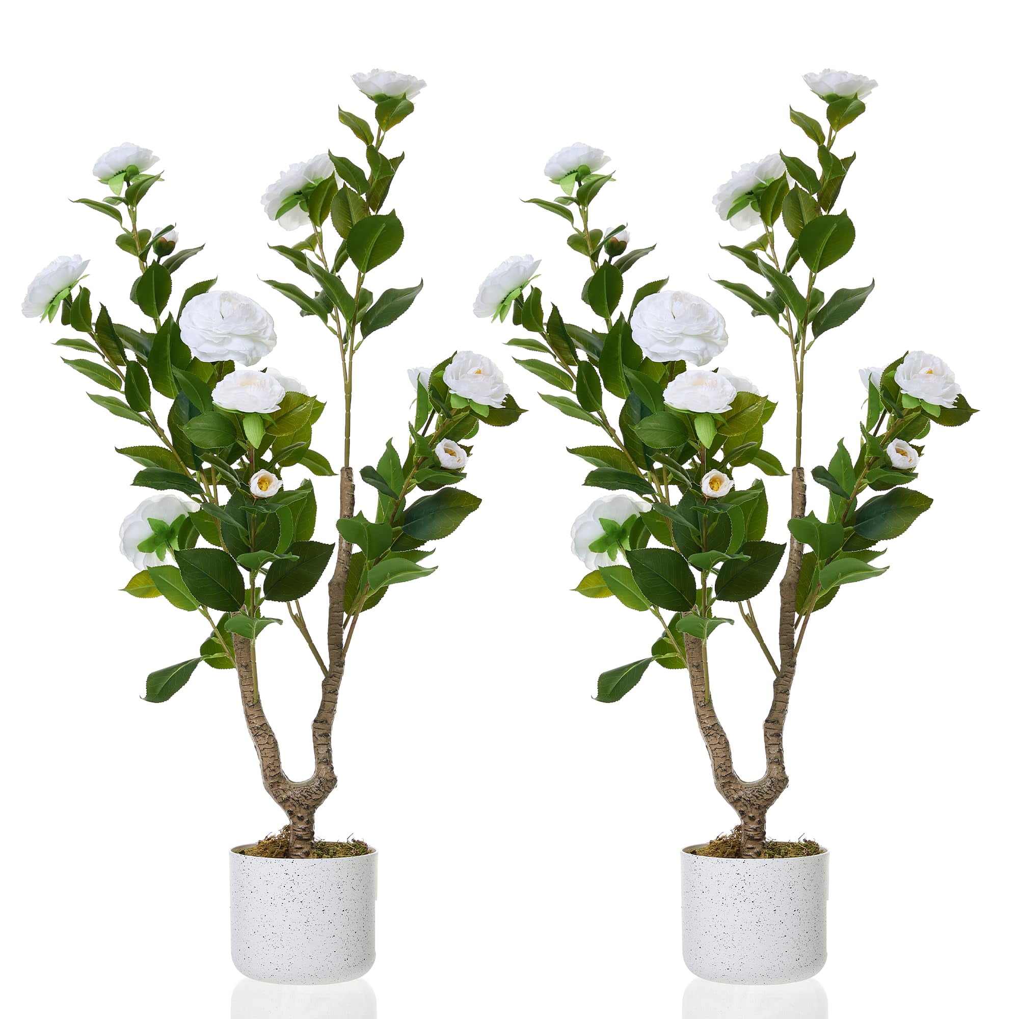 3FT Artificial Camellia Tree, Realistic Faux Plant in Pot with Flowers, Artificial Plants for Spring Home Decor Outdoor Porch Front Door Decor 2 Pack