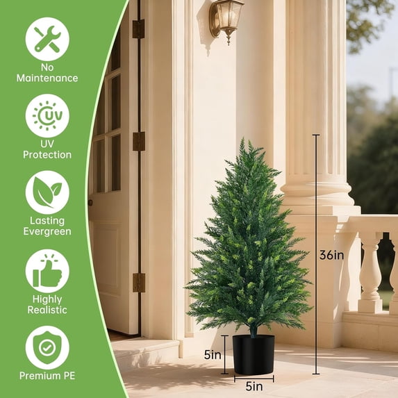 3FT Artificial Cedar Topiary Tree with Pot Set of 2 Fake Evergreen Indoor Outdoor Garden Porch Decor