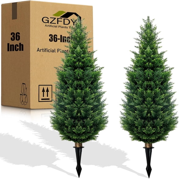 3FT Artificial Cedar Topiary Trees 2-Pack UV Resistant Fake Shrubs with Ground Spike for Indoor Outdoor Use