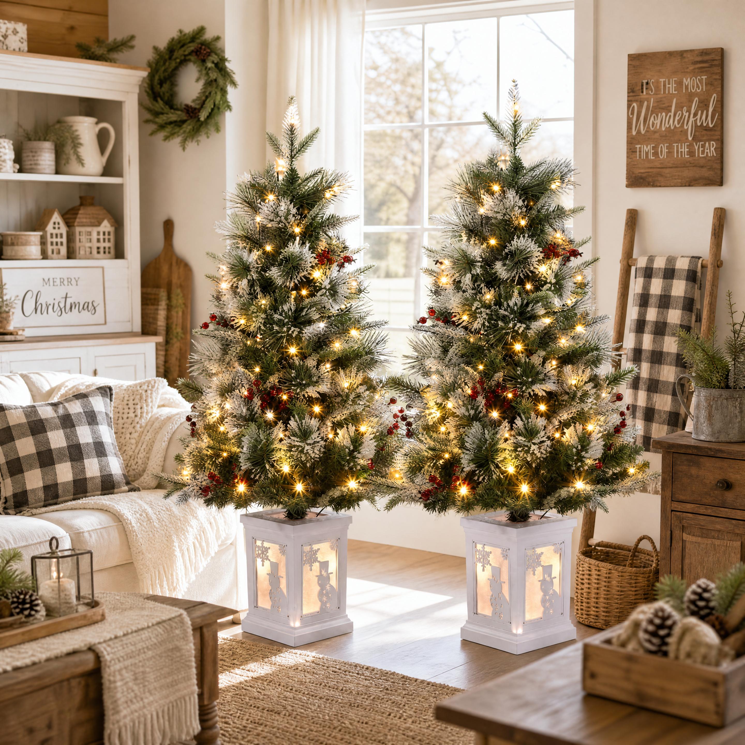 3FT Artificial Christmas Trees – Mini Xmas Pine Tree with 78 Warm White LEDs – Snowman Design, 8 Lighting Modes – Home, Office, Party Holiday Decor