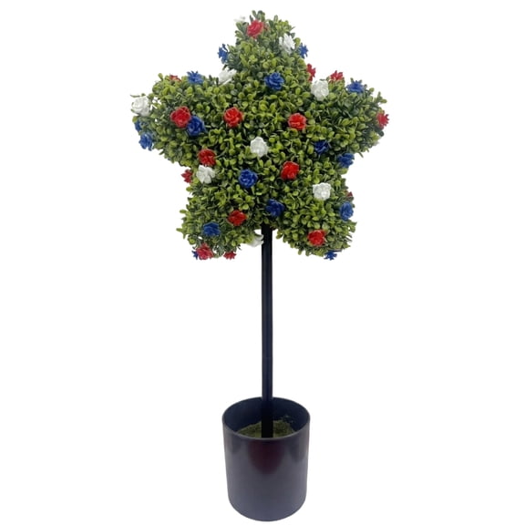 3FT Artificial Five-Pointed Star Shaped Patriotic Topiary Tree,4th of July Artificial Flowers Topiary Tree with Ground Stake,Patriotic Flowers Decorative Plants in Pots for Front Porch,Patio Entryway