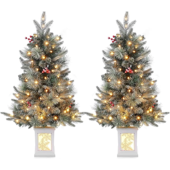 3FT Artificial Snow Flocked Christmas Tree with Snowflake Light Box Base,Pre-Lit Mini Christmas Tree with 78 Led Light8 Mode Battery Box for Christmas Decoration, Home, Office, Party Decor,2pcs