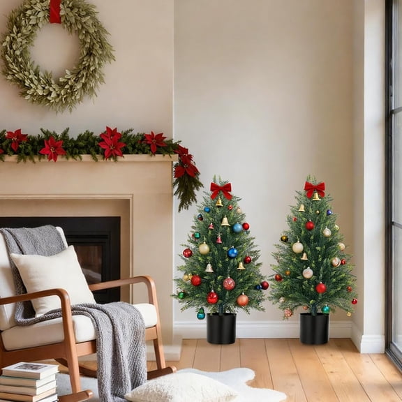 3FT Artificial Topiary Cedar Trees, 2Pack Realistic Faux Cypress Plants with Pot, Fake Bushes Pine Tree for Outdoor Front Porch Garden Indoor Christmas Home Decor