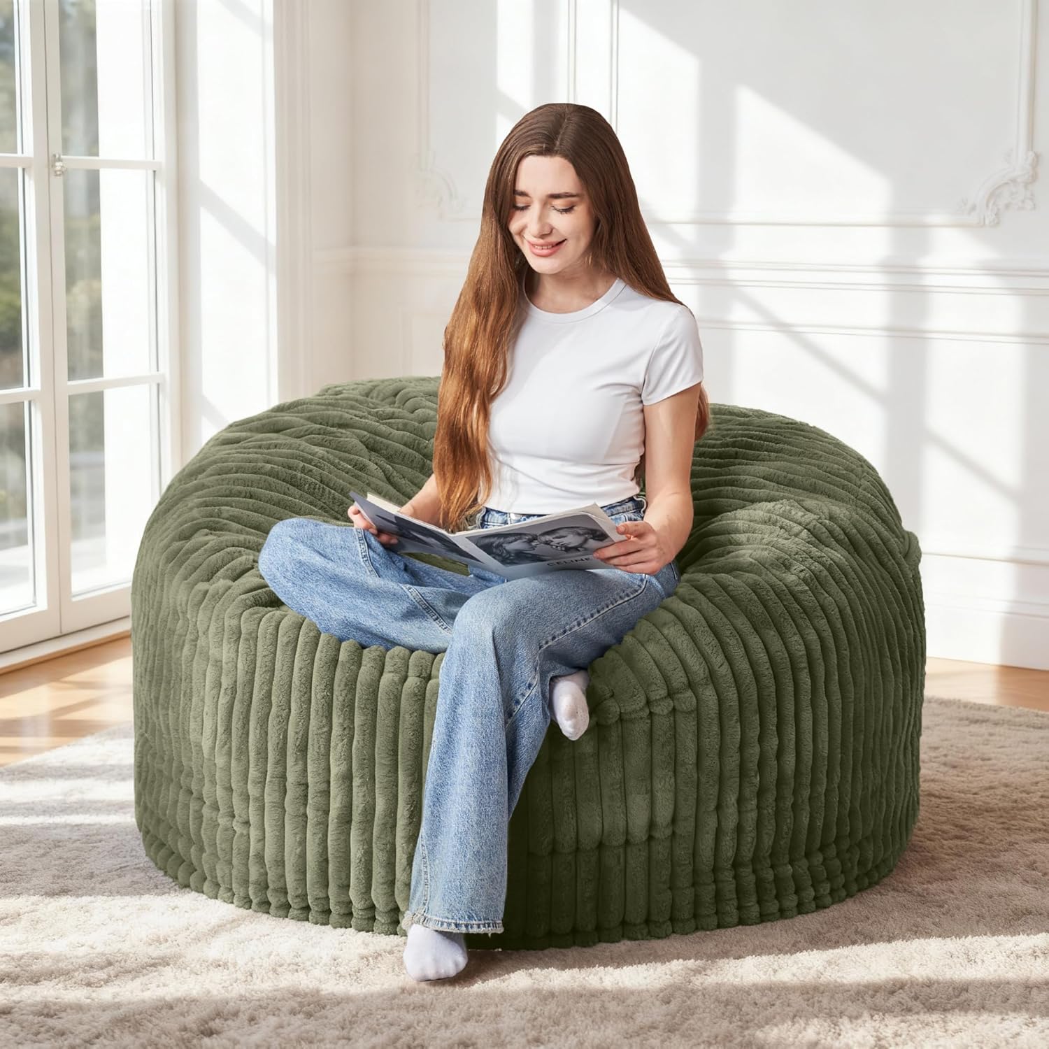 3FT Bean Bag Chair, 3' Large Bean Bag Chairs for Adults with Stripe Plush Cover, Memory Foam Beanbag Chair for Living Room Bedroom Dorm，Black