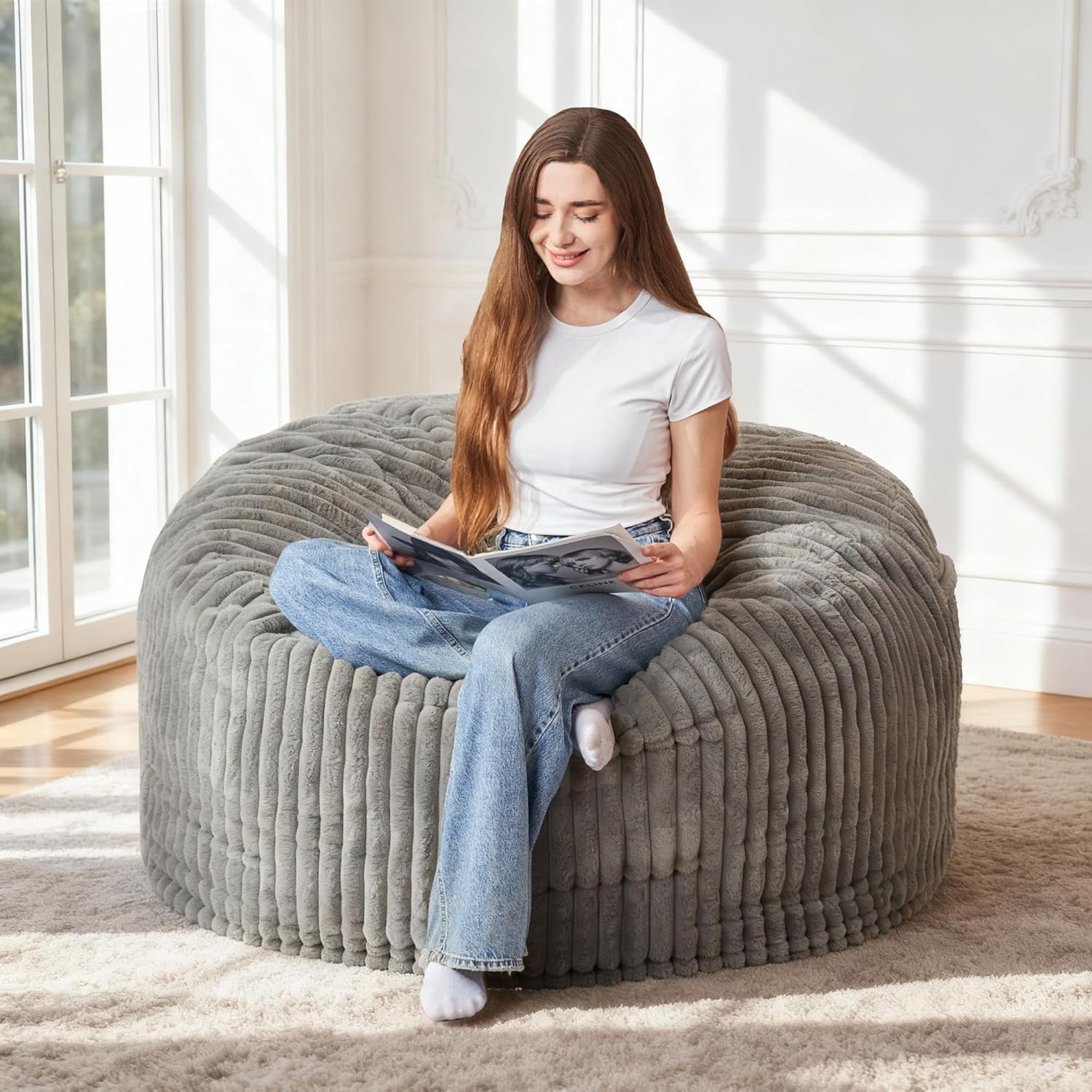 3FT Bean Bag Chair, 3' Large Bean Bag Chairs for Adults with Stripe Plush Cover, Memory Foam Beanbag Chair for Living Room Bedroom Dorm，Grey