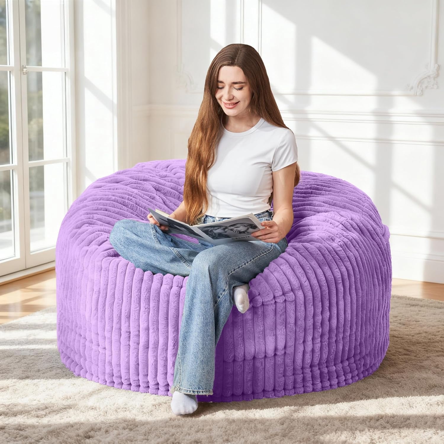 3FT Bean Bag Chair, 3' Large Bean Bag Chairs for Adults with Stripe Plush Cover, Memory Foam Beanbag Chair for Living Room Bedroom Dorm，Purple