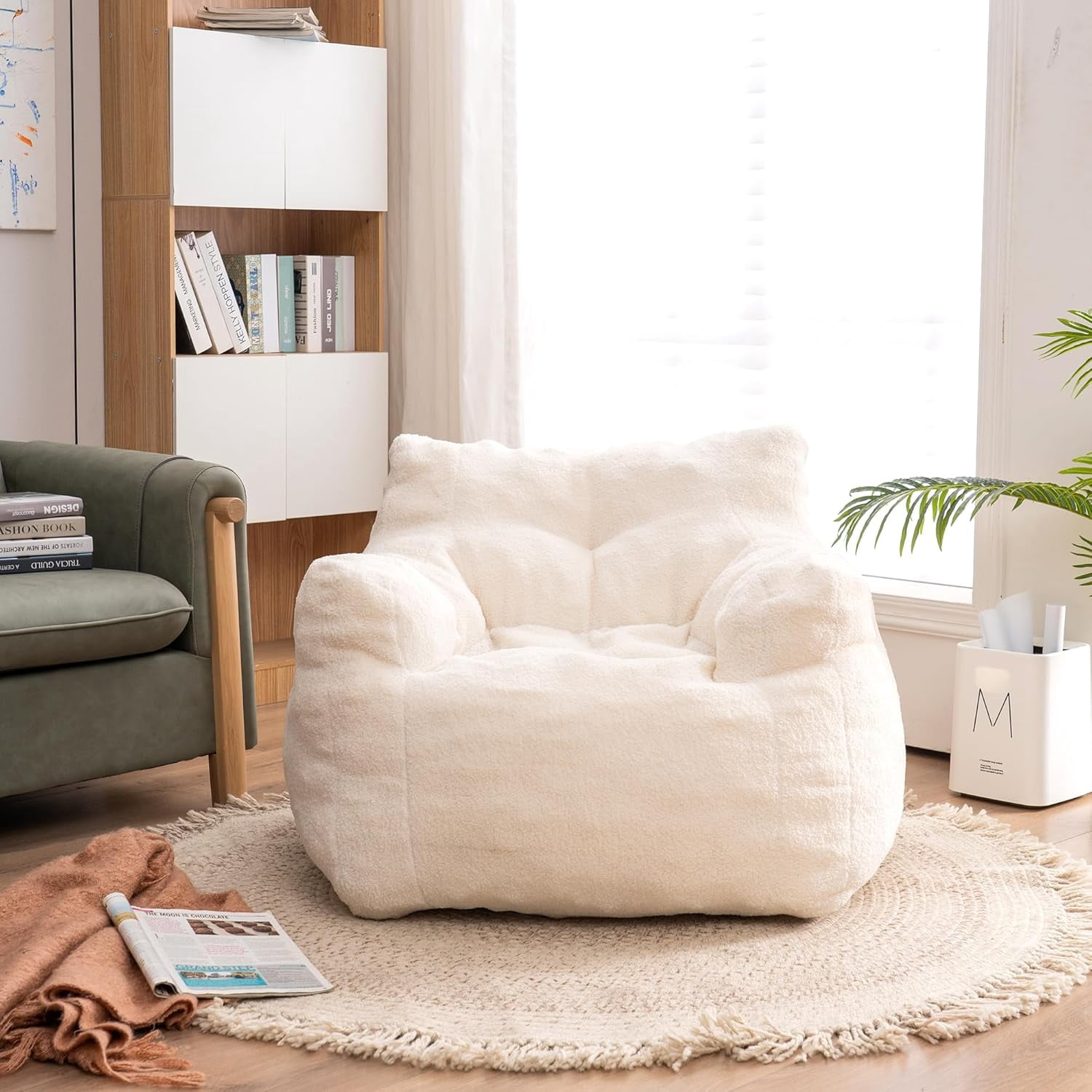 3FT Bean Bag Chair for Adult Teens Kids(with Filler) Furniture - Soft Teddy Fabric Lazy Sofa Chair - Bean Bag Lounger  Chairs for Living Room Bedroom Dorm Room (Ivory)