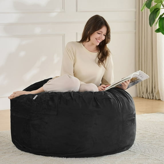 3FT Bean Bag Chair, Adults Foam Round Big Sofa Bean Bag for All Ages, Removable Velvet Cover, Black