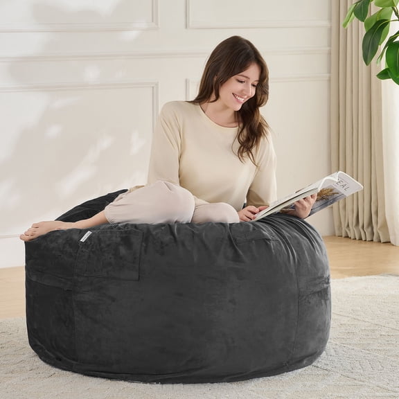 3FT Bean Bag Chair, Adults Foam Round Big Sofa Bean Bag for All Ages, Removable Velvet Cover, Charcoal