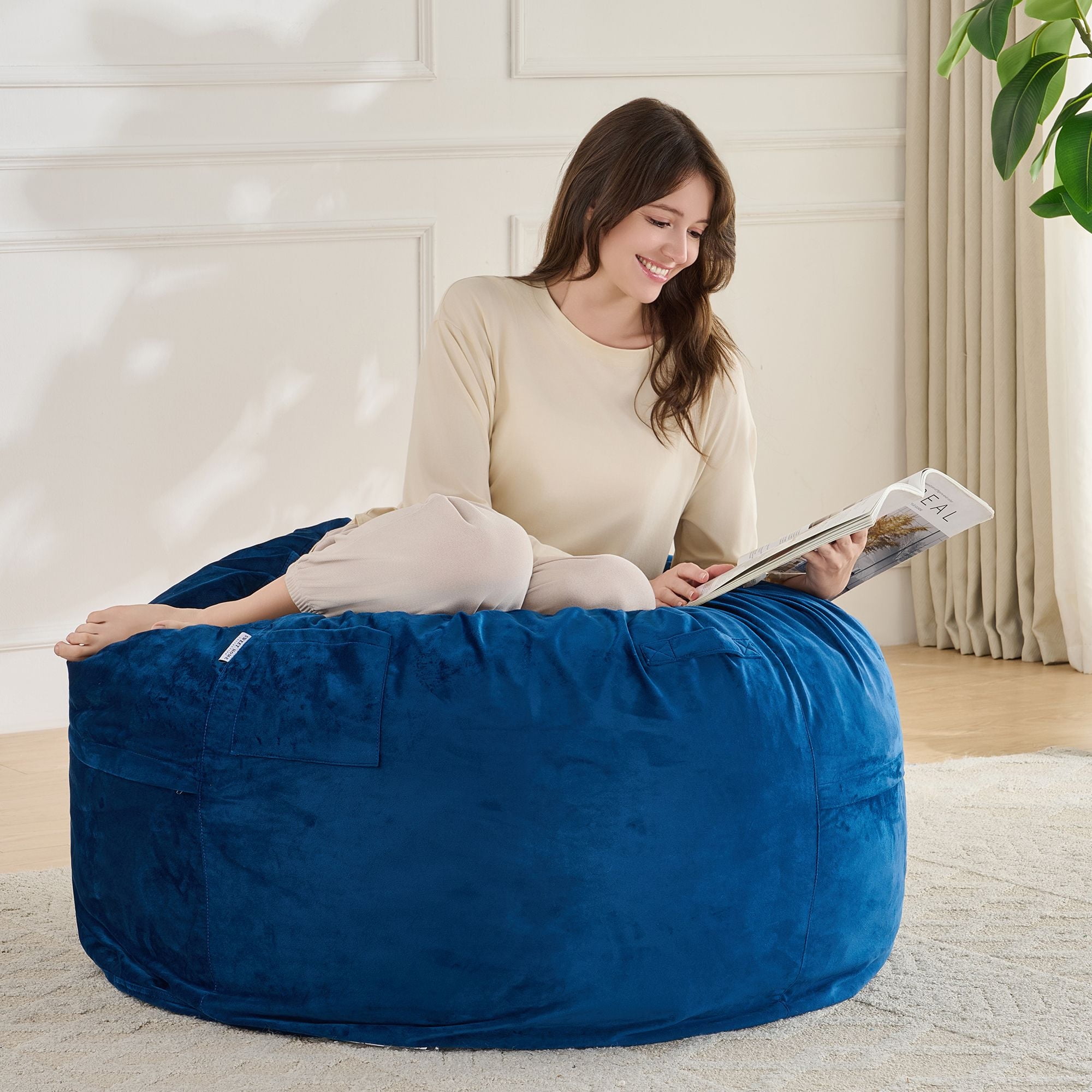 3FT Bean Bag Chair, Adults Foam Round Big Sofa Bean Bag for All Ages, Removable Velvet Cover, Navy Blue