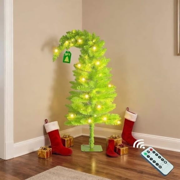 3FT Christmas Tree with Lights, 40 Led Battery Operated Powerd Bendable Mini Whimsical Lime Green Light Up Remote Contral Timer Curved Unique Artificial Xmas Decorations Small Fake Pine Tree Decor