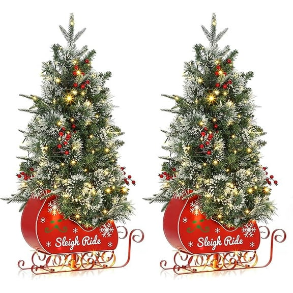 3FT Christmas Tree with 78 Lights, Pre-Lit Artificial Mini Christmas Tree with 8 Mode Includes Red Berries & Sleigh Base for Front Door, Porch,2 PCS